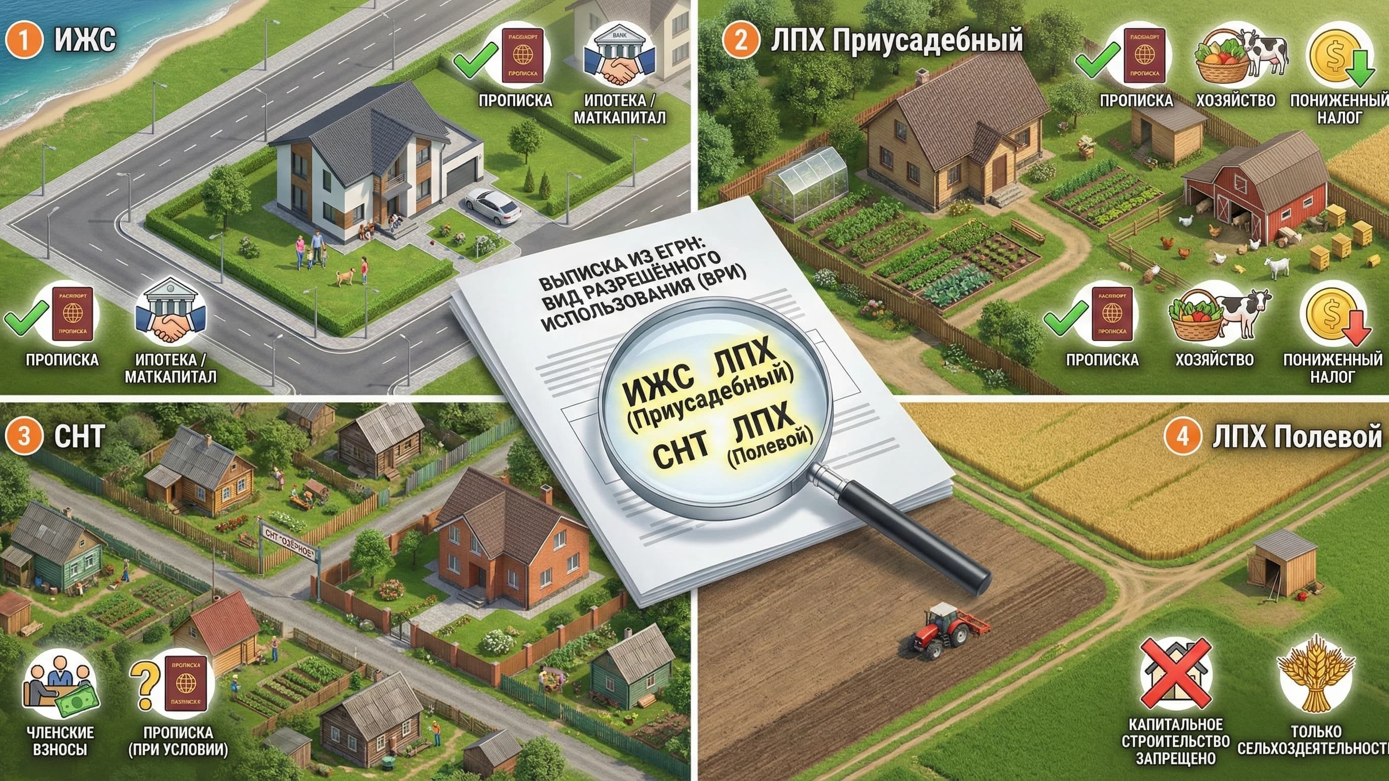 ИЖС, ЛПХ, СНТ: виды разрешённого использования земельных участков